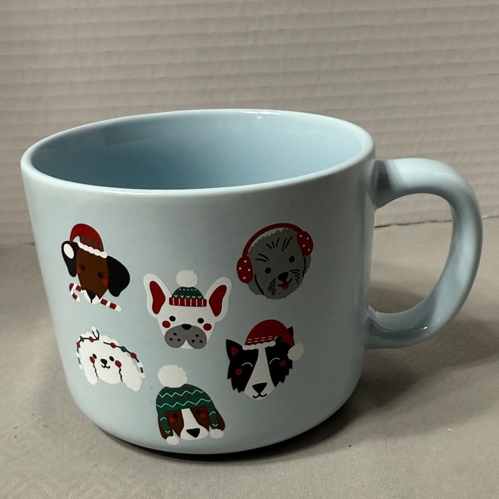 Holiday Home Blue Oversized Mug Cup Dogs Whimsical Christmas Hats Paw La La La